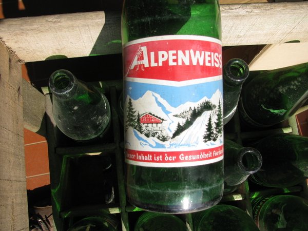 Alte Getränkekiste ca.1950-60 Holz, Alpenweiss, 12Flaschen, Werbung, Wasser