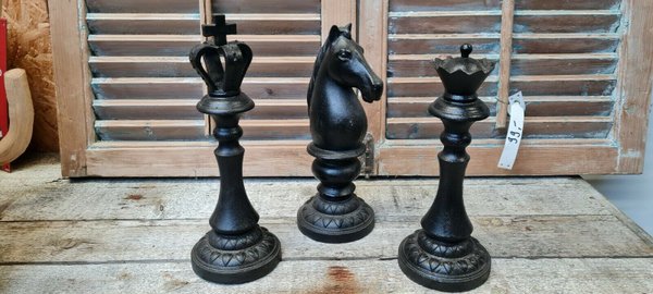 3 Schachfiguren, 34cm, Figur, Pferd, König, Dame, Schach, Eisen, Antik-Stil