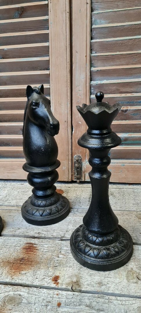 3 Schachfiguren, 34cm, Figur, Pferd, König, Dame, Schach, Eisen, Antik-Stil